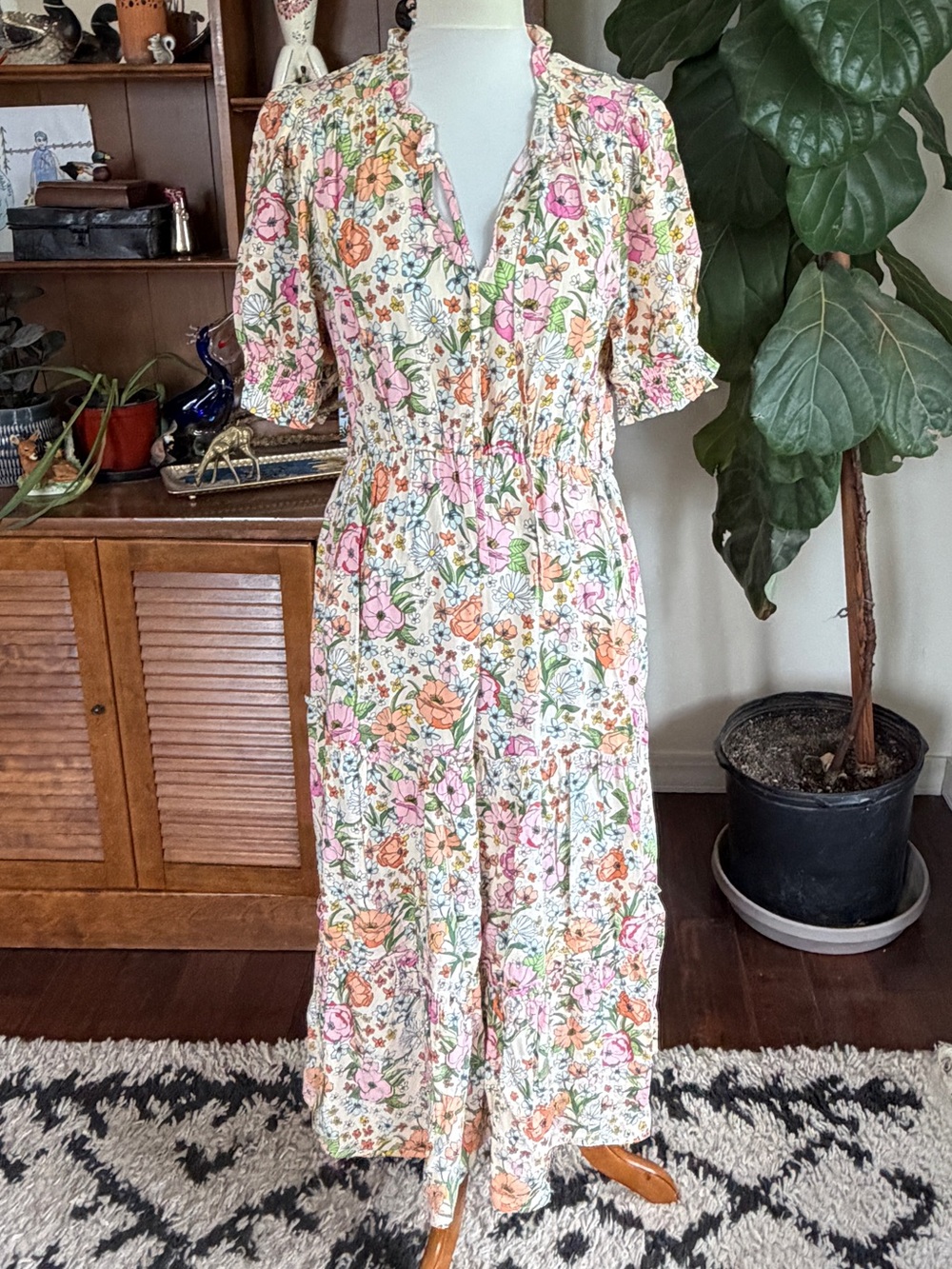 Who What Wear Floral Puff Sleeve Boho Maxi Dress in White, Pink & Orange M